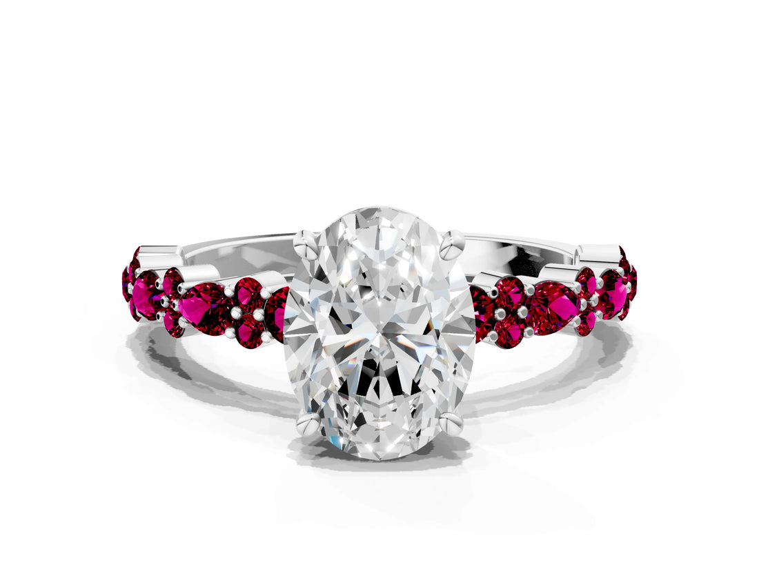 White gold Oval Cut Diamond Side Stone Solitaire Ring with Round with Garnet side stone and Four-Prong Setting_18
