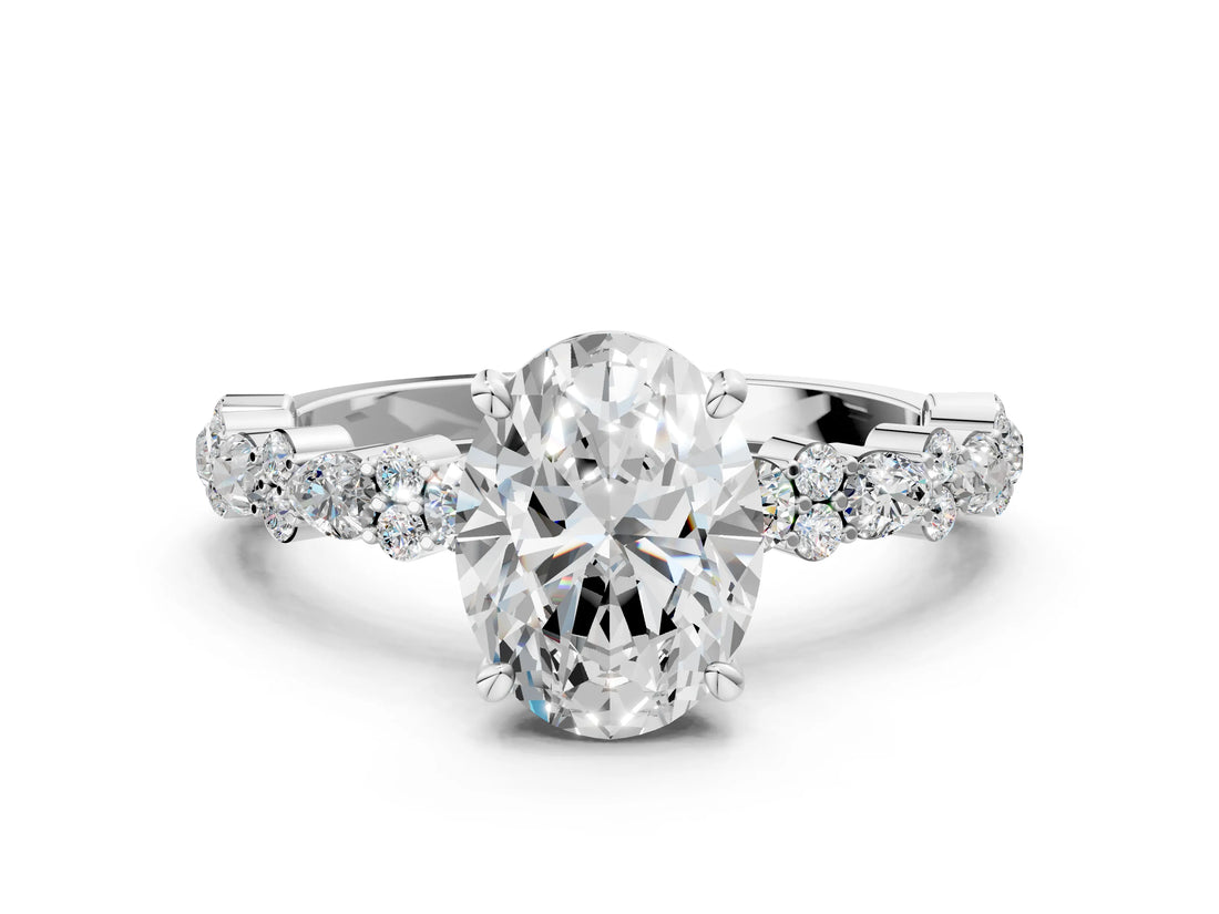 White gold Oval Cut Diamond Side Stone Solitaire Ring with Round with Moissanite side stone and Four-Prong Setting