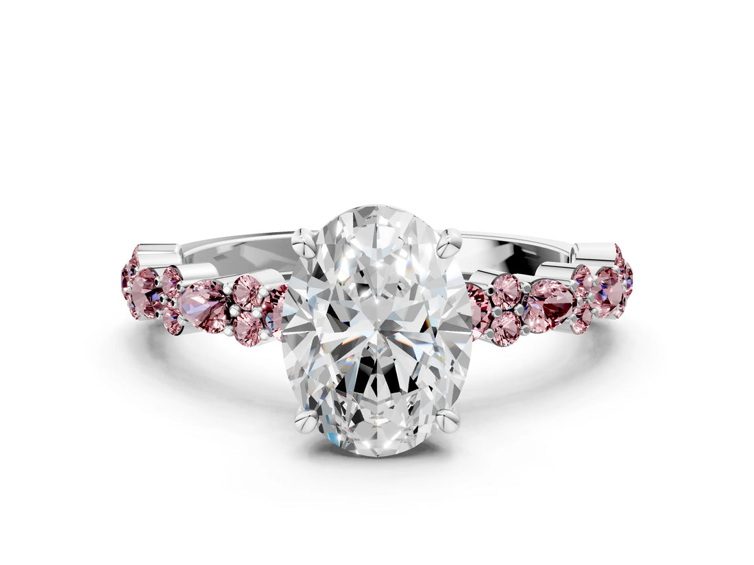 White gold Oval Cut Diamond Side Stone Solitaire Ring with Round with Morganite side stone and Four-Prong Setting