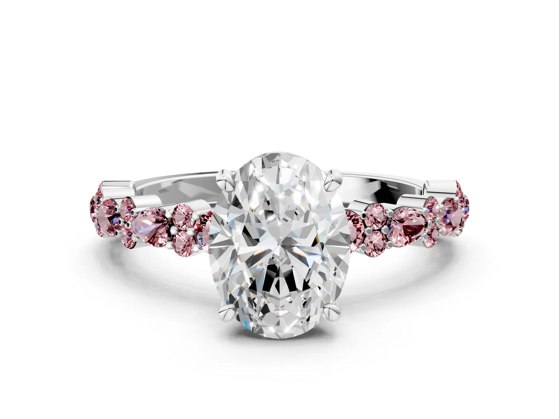White gold Oval Cut Diamond Side Stone Solitaire Ring with Round with Morganite side stone and Four-Prong Setting_12