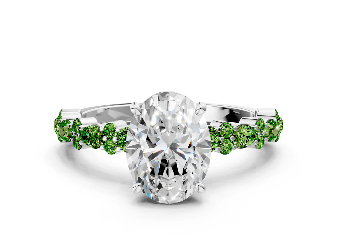 White gold Oval Cut Diamond Side Stone Solitaire Ring with Round with Peridot side stone and Four-Prong Setting