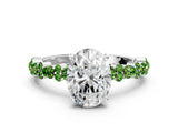 White gold Oval Cut Diamond Side Stone Solitaire Ring with Round with Peridot side stone and Four-Prong Setting