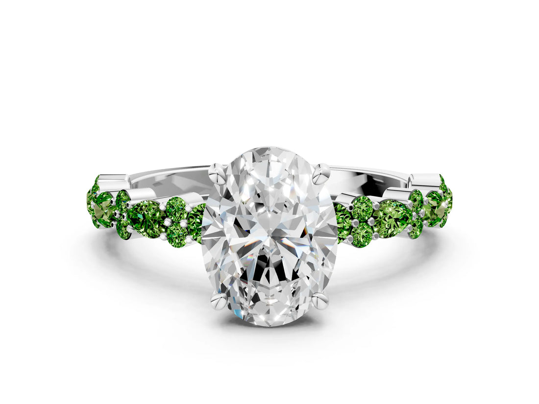 White gold Oval Cut Diamond Side Stone Solitaire Ring with Round with Peridot side stone and Four-Prong Setting