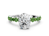 White gold Oval Cut Diamond Side Stone Solitaire Ring with Round with Peridot side stone and Four-Prong Setting