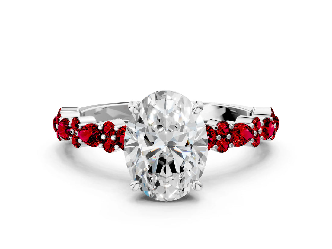 White gold Oval Cut Diamond Side Stone Solitaire Ring with Round with Ruby side stone and Four-Prong Setting