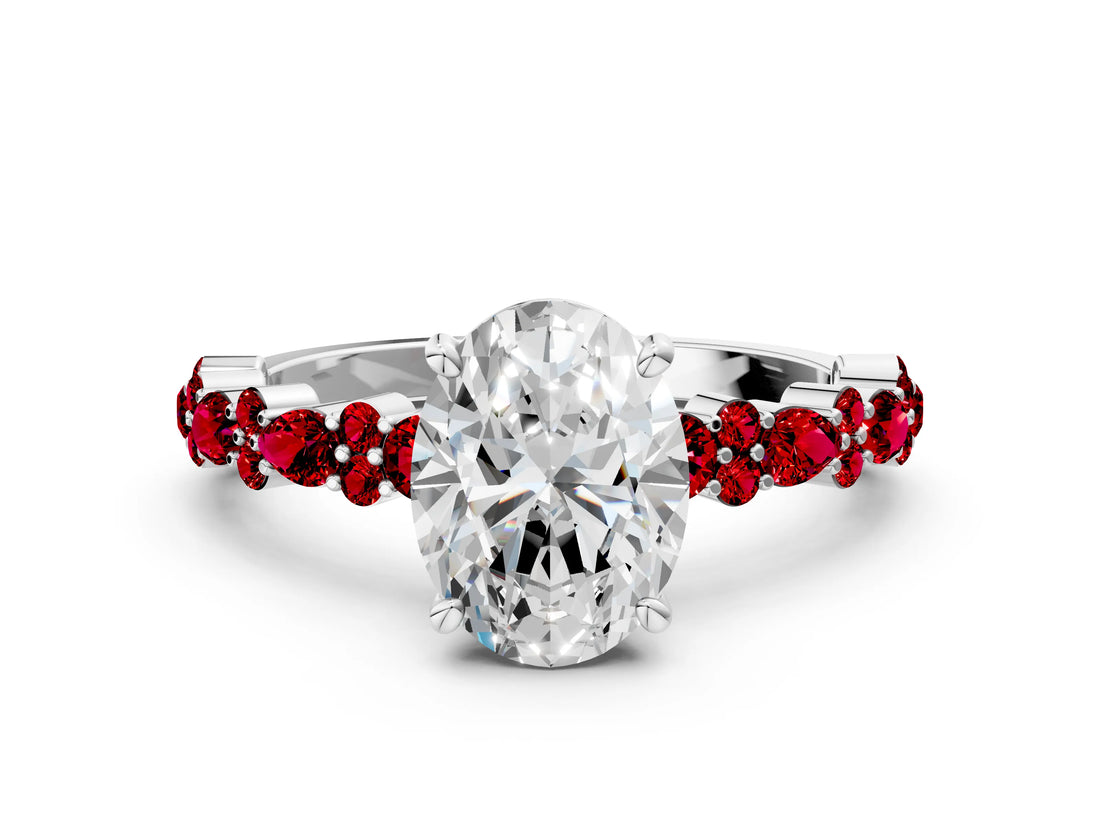 White gold Oval Cut Diamond Side Stone Solitaire Ring with Round with Ruby side stone and Four-Prong Setting_12