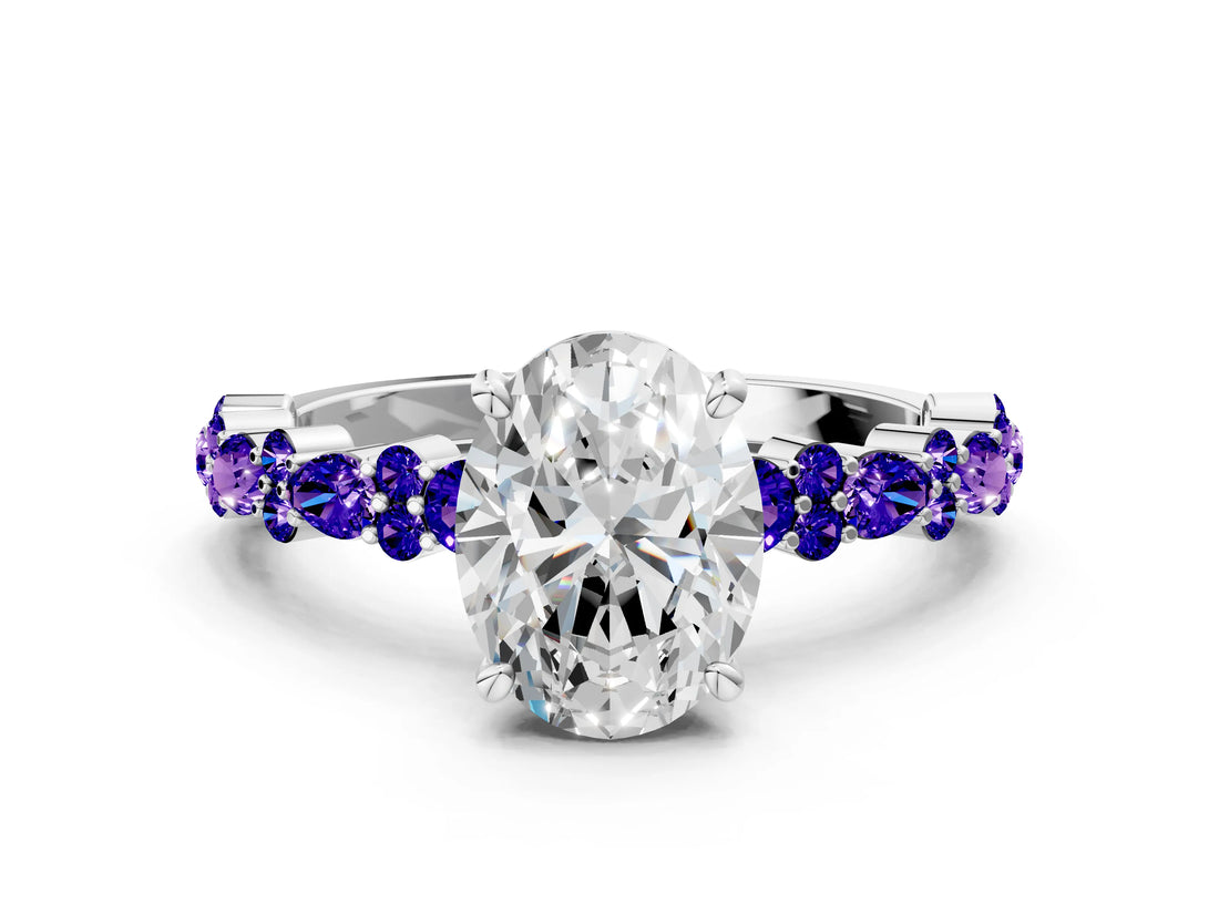 White gold Oval Cut Diamond Side Stone Solitaire Ring with Round with Tanzanite side stone and Four-Prong Setting