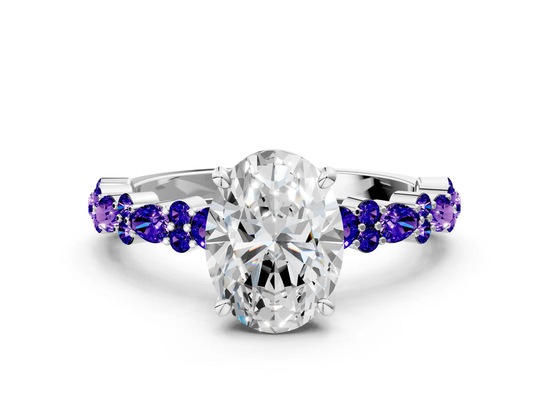 White gold Oval Cut Diamond Side Stone Solitaire Ring with Round with Tanzanite side stone and Four-Prong Setting_24