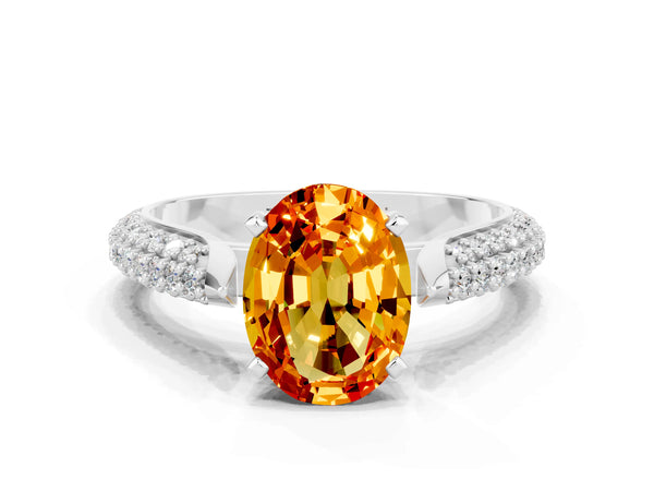 White gold Oval Cut Citrine Solitaire Engagement Ring with Multi-Row Round Pavé Band and Prong Setting