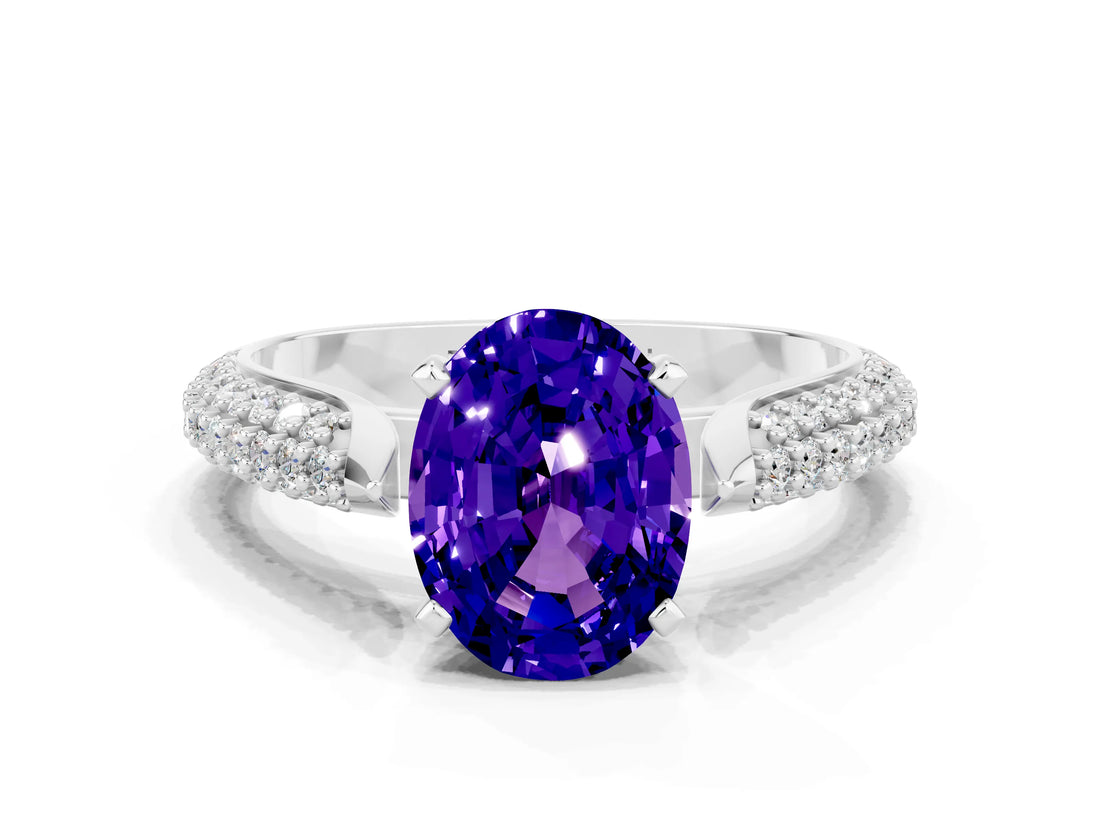 White gold Oval Cut Diamond Solitaire Engagement Ring with Pavé Band and Four-Prong Setting