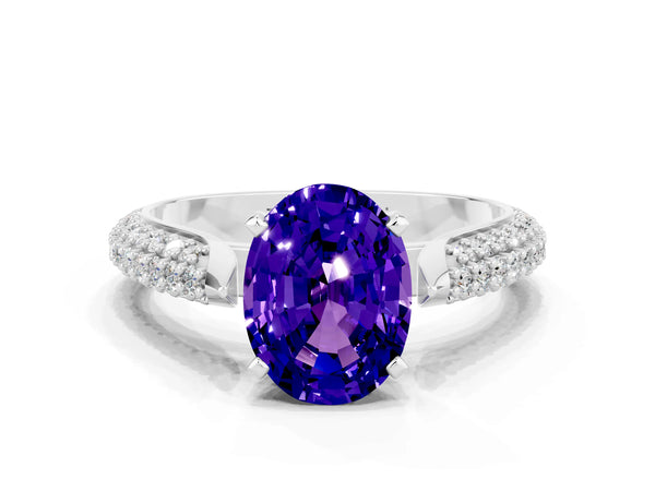 White gold Oval Cut Tanzanite Solitaire Engagement Ring with Multi-Row Round Pavé Band and Prong Setting