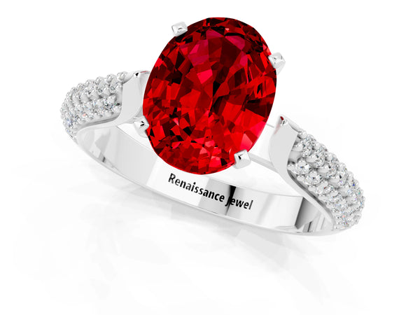 White gold Oval Cut Diamond Solitaire Engagement Ring with Pavé Band and Four-Prong Setting