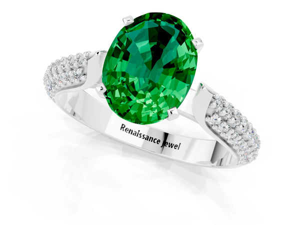 Platinum Oval Cut Emerald Solitaire Engagement Ring with Multi-Row Round Pavé Band and Prong Setting