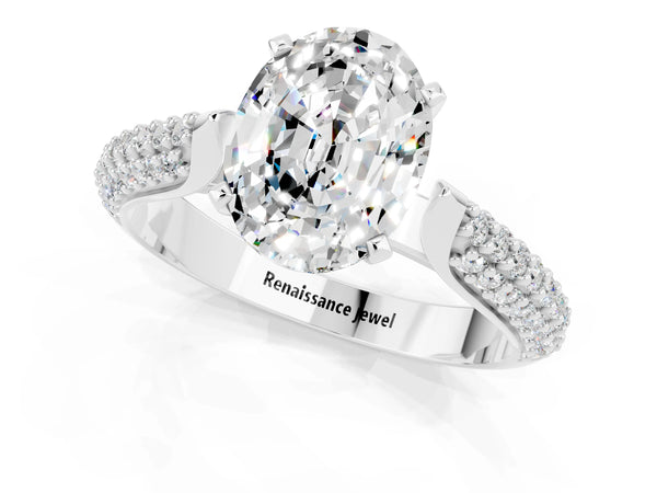 White gold Oval Cut Moissanite Solitaire Engagement Ring with Multi-Row Round Pavé Band and Prong Setting