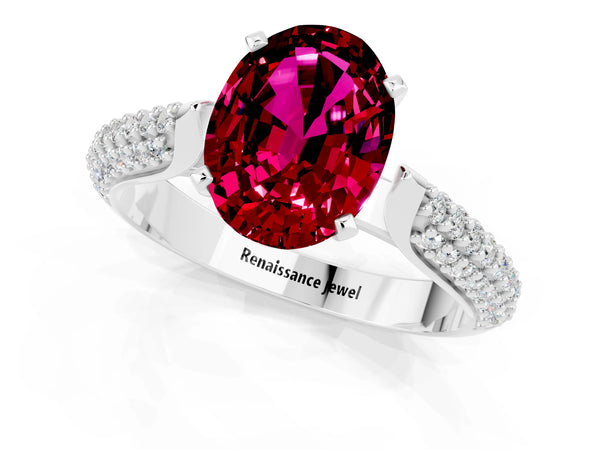 White gold Oval Cut Garnet Solitaire Engagement Ring with Multi-Row Round Pavé Band and Prong Setting