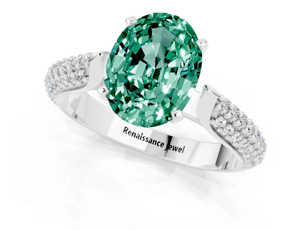 Platinum Oval Cut Green Sapphire Solitaire Engagement Ring with Multi-Row Round Pavé Band and Prong Setting