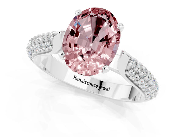 Platinum Oval Cut Diamond Solitaire Engagement Ring with Pavé Band and Four-Prong Setting