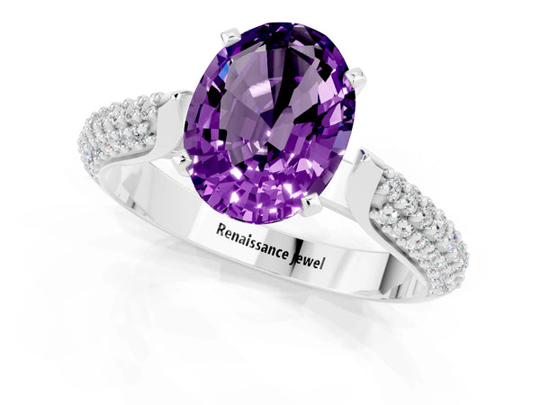 Platinum Oval Cut Amethyst Solitaire Engagement Ring with Multi-Row Round Pavé Band and Prong Setting
