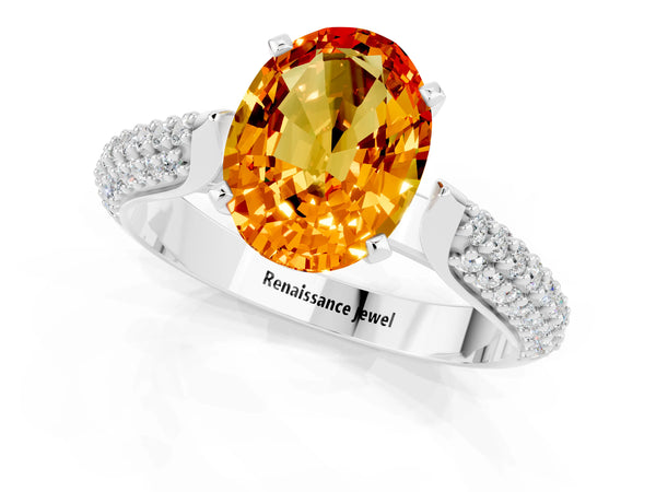 Platinum Oval Cut Citrine Solitaire Engagement Ring with Multi-Row Round Pavé Band and Prong Setting