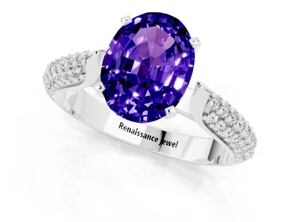 White gold Oval Cut Tanzanite Solitaire Engagement Ring with Multi-Row Round Pavé Band and Prong Setting