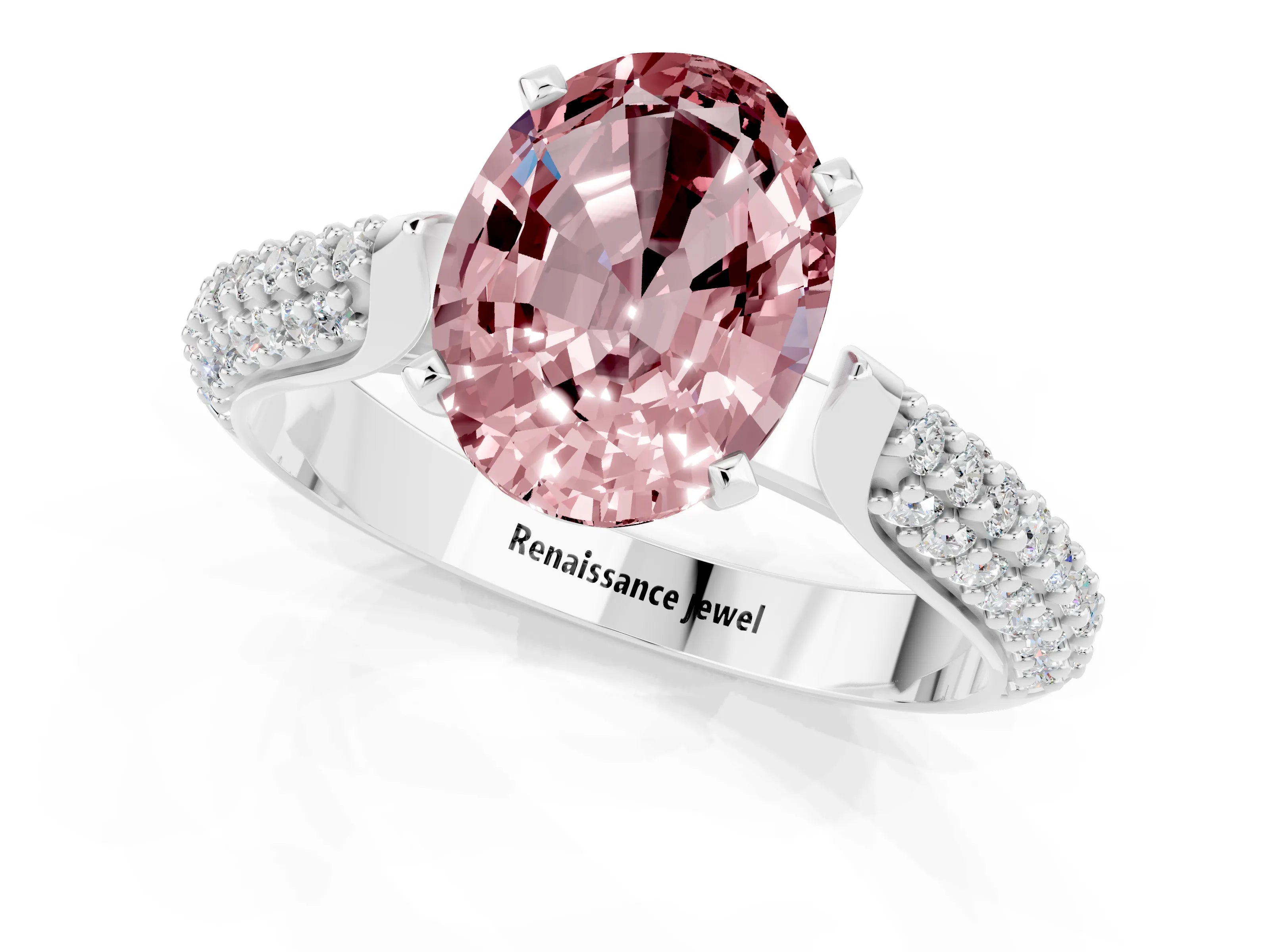 White gold Oval Cut Diamond Solitaire Engagement Ring with Pavé Band and Four-Prong Setting_1