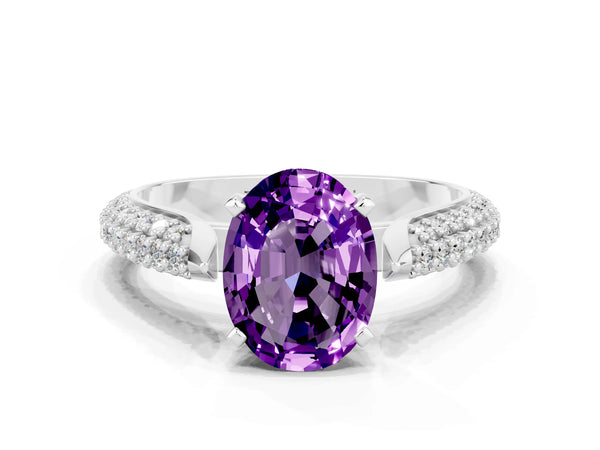 Silver Oval Cut Amethyst Solitaire Engagement Ring with Multi-Row Round Pavé Band and Prong Setting