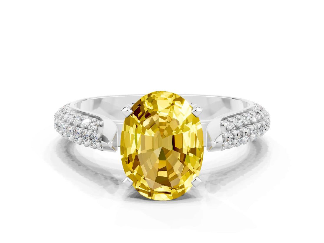 White gold Oval Cut Diamond Solitaire Engagement Ring with Pavé Band and Four-Prong Setting