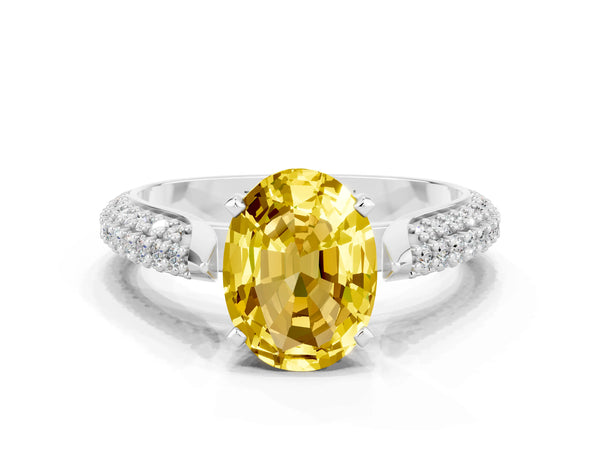Platinum Oval Cut Yellow Sapphire Solitaire Engagement Ring with Multi-Row Round Pavé Band and Prong Setting