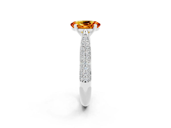 Silver Oval Cut Citrine Solitaire Engagement Ring with Multi-Row Round Pavé Band and Prong Setting