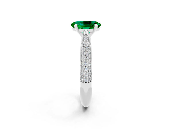 Silver Oval Cut Emerald Solitaire Engagement Ring with Multi-Row Round Pavé Band and Prong Setting