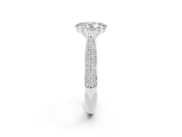 Silver Oval Cut Moissanite Solitaire Engagement Ring with Multi-Row Round Pavé Band and Prong Setting
