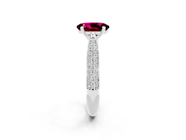 White gold Oval Cut Garnet Solitaire Engagement Ring with Multi-Row Round Pavé Band and Prong Setting
