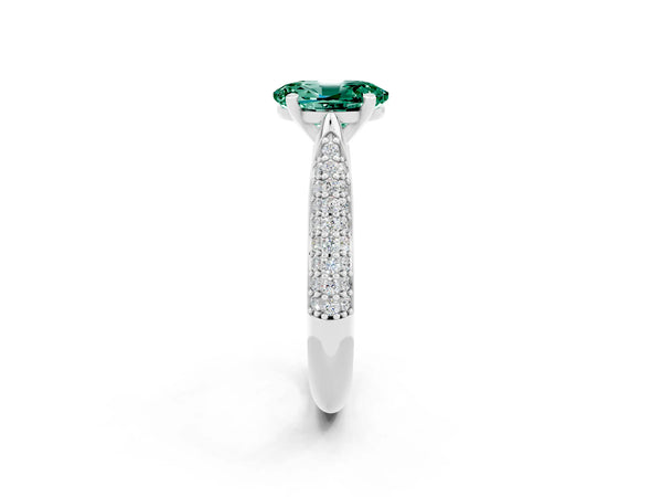 Platinum Oval Cut Green Sapphire Solitaire Engagement Ring with Multi-Row Round Pavé Band and Prong Setting