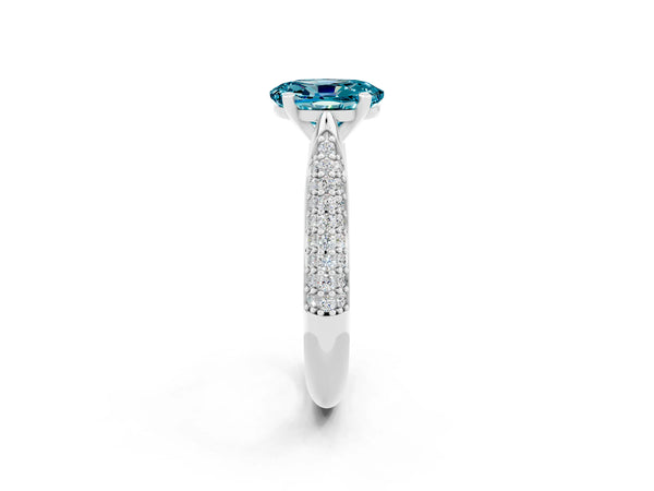 Silver Oval Cut Diamond Solitaire Engagement Ring with Pavé Band and Four-Prong Setting