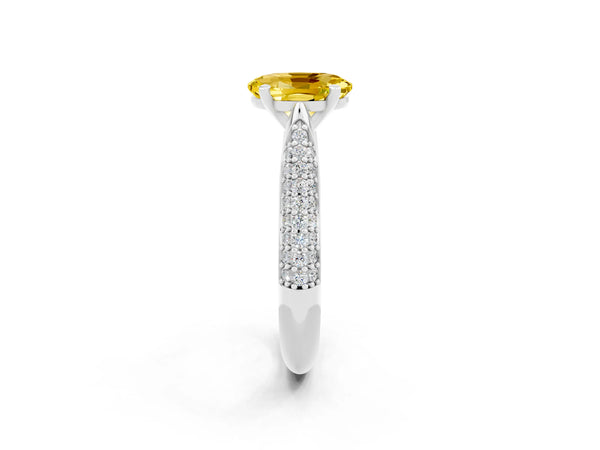Silver Oval Cut Yellow Sapphire Solitaire Engagement Ring with Multi-Row Round Pavé Band and Prong Setting