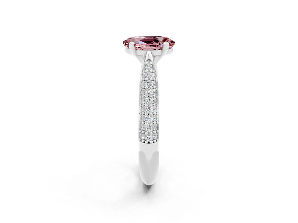 Silver Oval Cut Diamond Solitaire Engagement Ring with Pavé Band and Four-Prong Setting