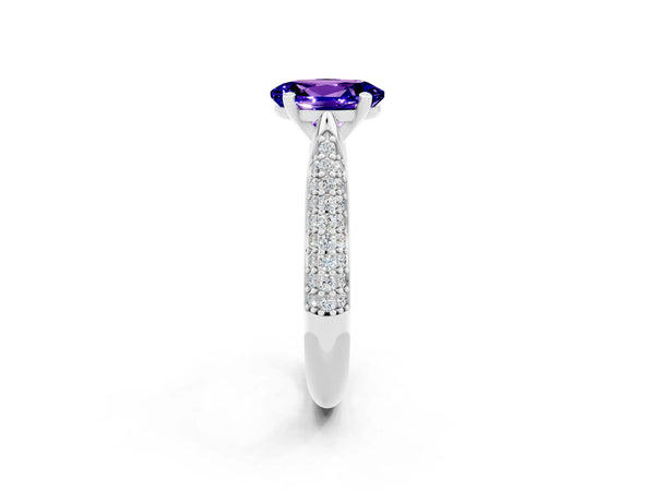White gold Oval Cut Tanzanite Solitaire Engagement Ring with Multi-Row Round Pavé Band and Prong Setting
