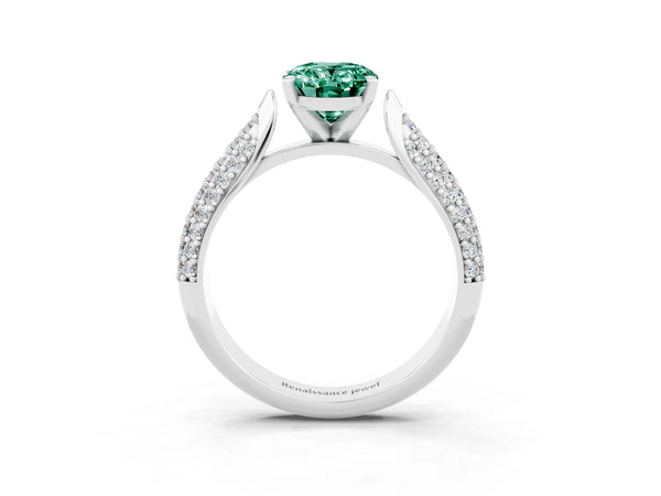 Silver Oval Cut Green Sapphire Solitaire Engagement Ring with Multi-Row Round Pavé Band and Prong Setting