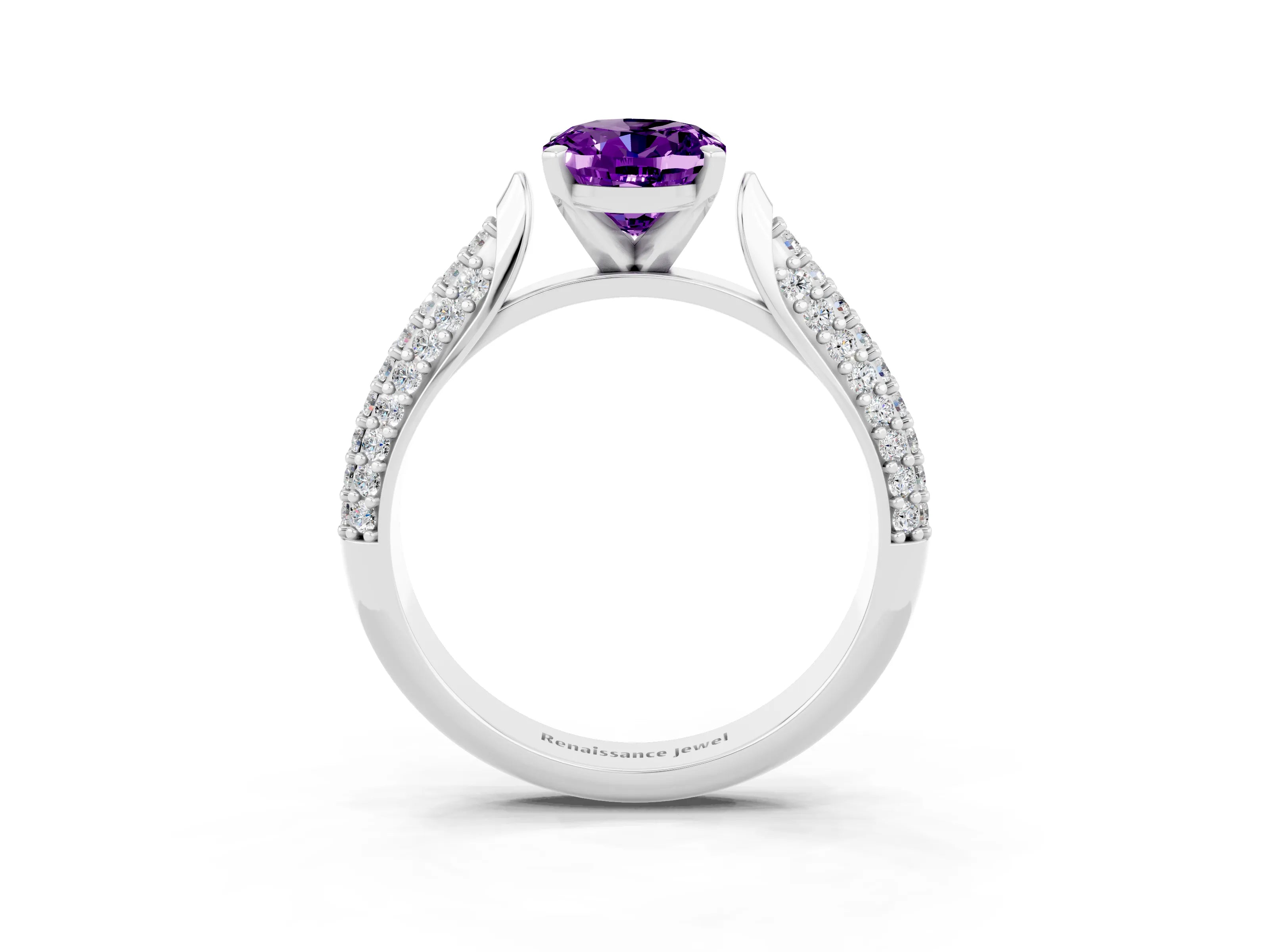 White gold Oval Cut Diamond Solitaire Engagement Ring with Pavé Band and Four-Prong Setting_3
