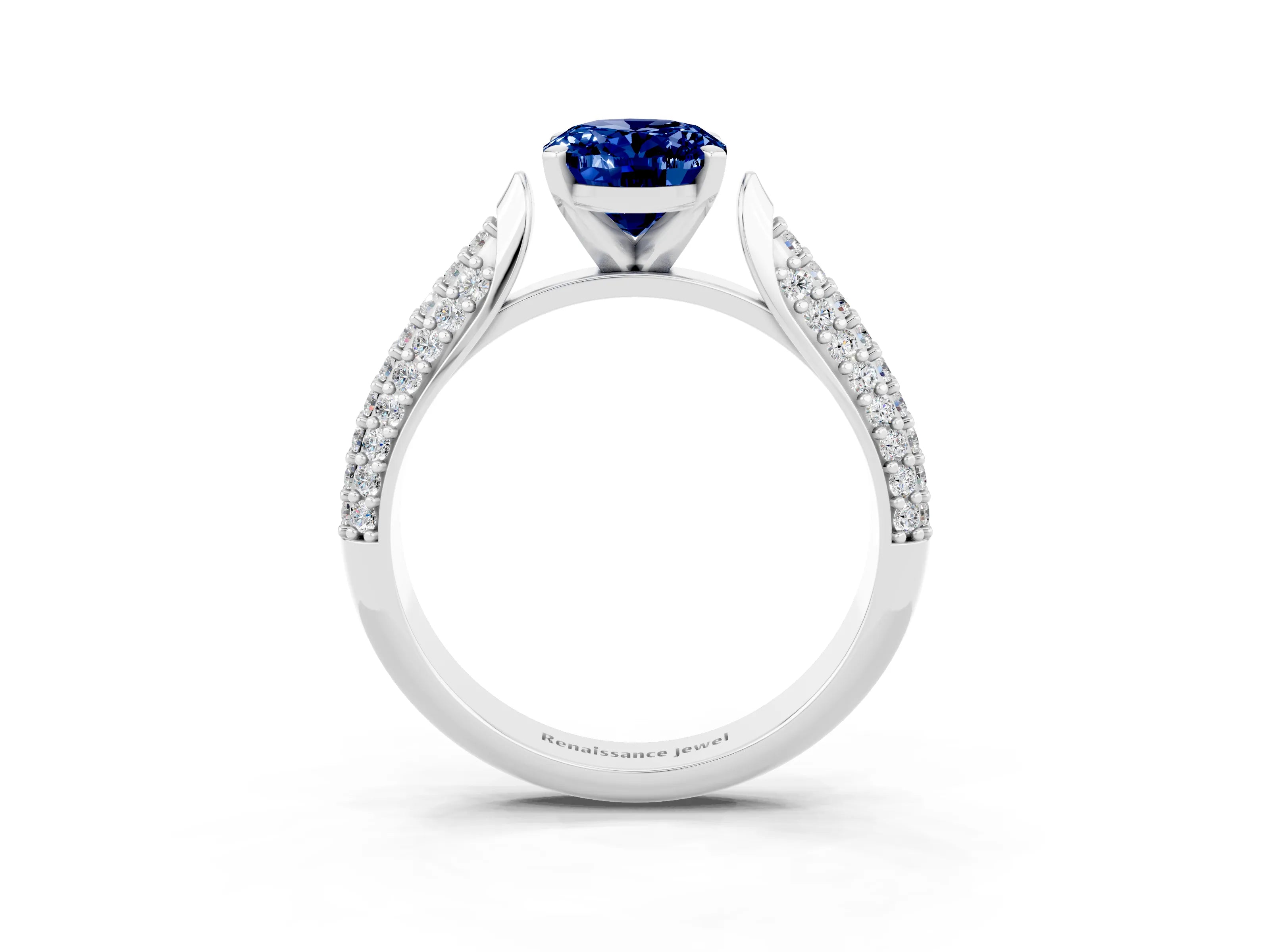 White gold Oval Cut Diamond Solitaire Engagement Ring with Pavé Band and Four-Prong Setting_3