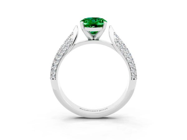 White gold Oval Cut Emerald Solitaire Engagement Ring with Multi-Row Round Pavé Band and Prong Setting