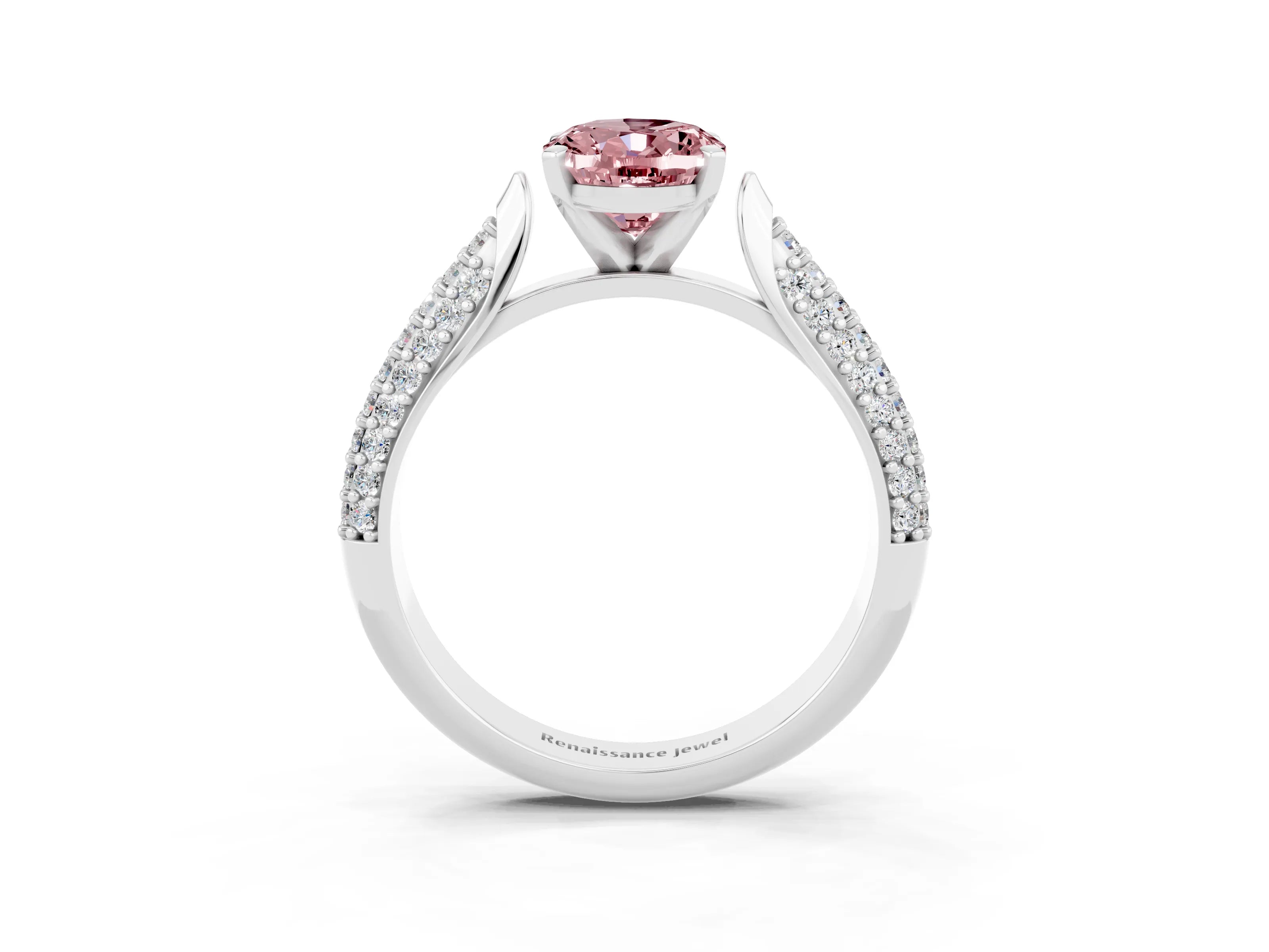 White gold Oval Cut Diamond Solitaire Engagement Ring with Pavé Band and Four-Prong Setting_3