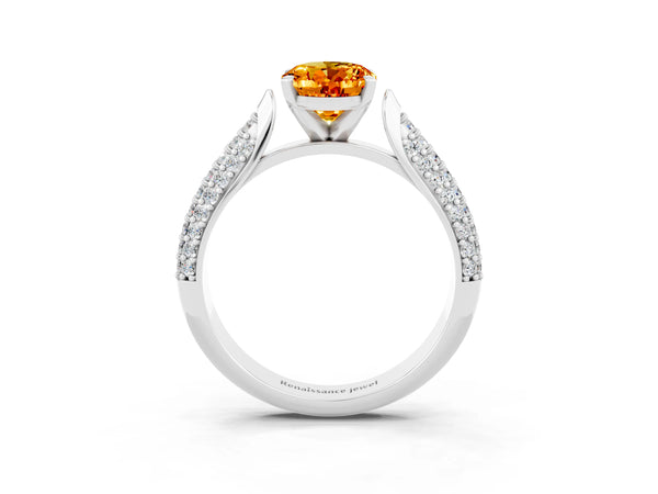 White gold Oval Cut Citrine Solitaire Engagement Ring with Multi-Row Round Pavé Band and Prong Setting