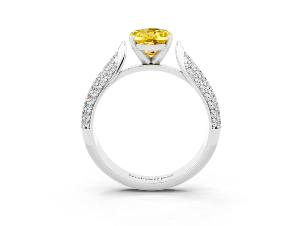 Silver Oval Cut Yellow Sapphire Solitaire Engagement Ring with Multi-Row Round Pavé Band and Prong Setting