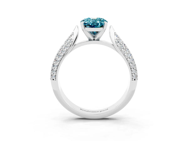 Platinum Oval Cut Diamond Solitaire Engagement Ring with Pavé Band and Four-Prong Setting