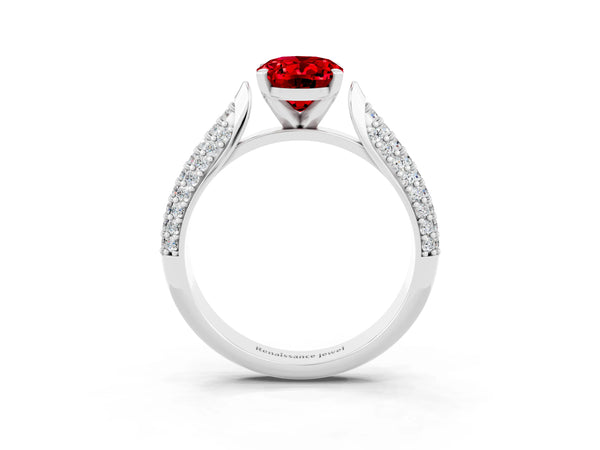 Platinum Oval Cut Diamond Solitaire Engagement Ring with Pavé Band and Four-Prong Setting