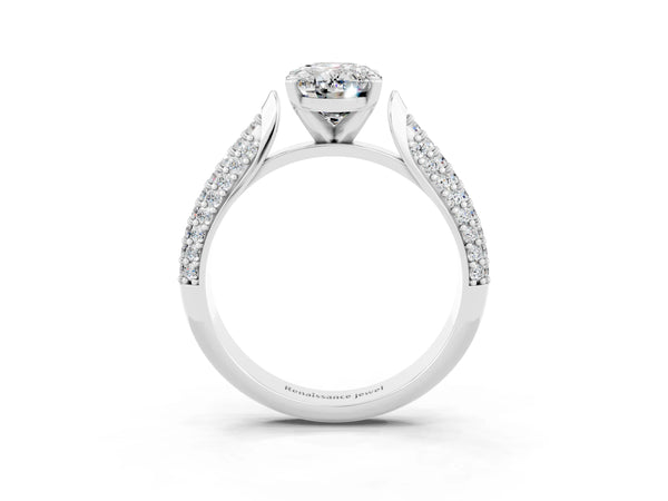 White gold Oval Cut Moissanite Solitaire Engagement Ring with Multi-Row Round Pavé Band and Prong Setting