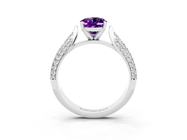 White gold Oval Cut Amethyst Solitaire Engagement Ring with Multi-Row Round Pavé Band and Prong Setting