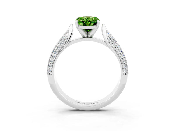 White gold Oval Cut Diamond Solitaire Engagement Ring with Pavé Band and Four-Prong Setting