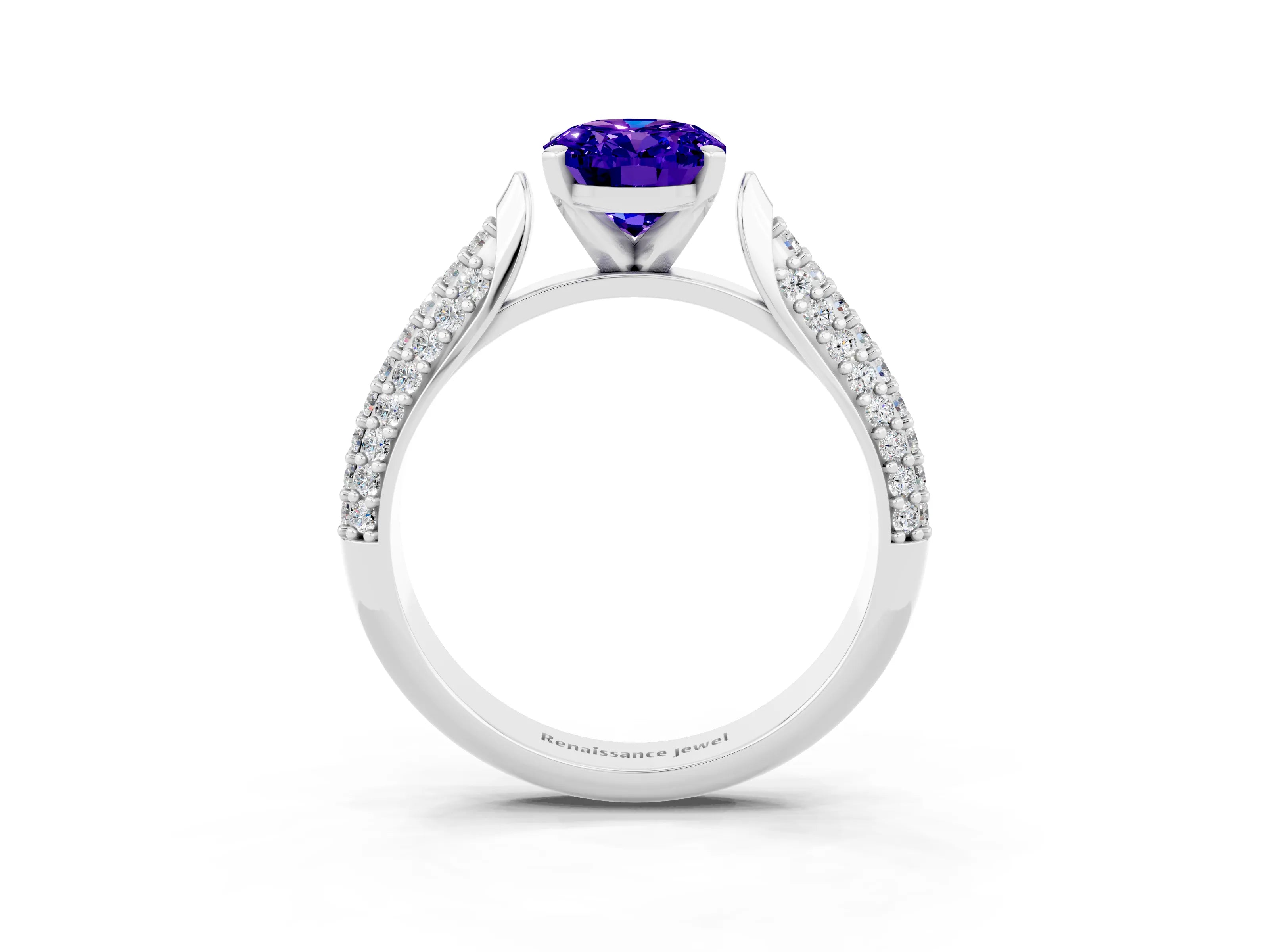 White gold Oval Cut Diamond Solitaire Engagement Ring with Pavé Band and Four-Prong Setting_3